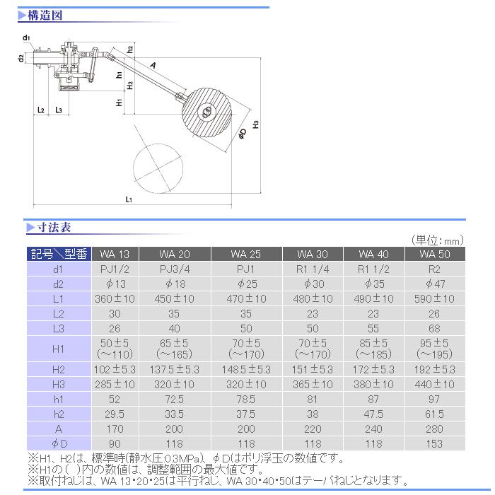 水位調整機能付複式ボールタップ WA(ポリボール) ＜WA＞