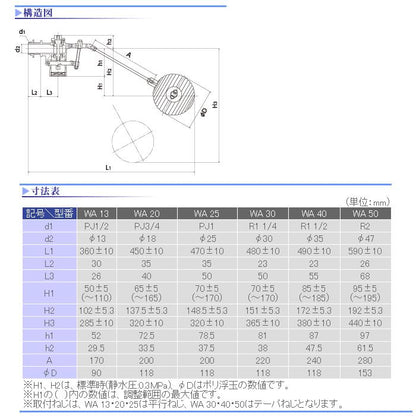 水位調整機能付複式ボールタップ WA(ポリボール) ＜WA＞
