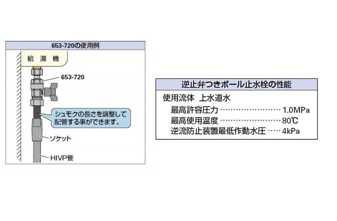 逆止弁つきボール止水栓(HIシュモク・片ナットつき) ＜653-720＞