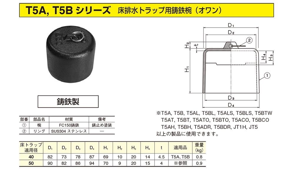 T5A, T5B シリーズ 床排水トラップ用鋳鉄椀(オワン)