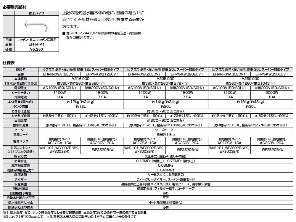 ゆプラス 飲料・洗い物用 壁掛 スーパー節電タイプ 12L ＜EHPN-KW＞