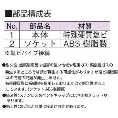 露出型ベントキャップ・特殊硬質塩ビ樹脂製