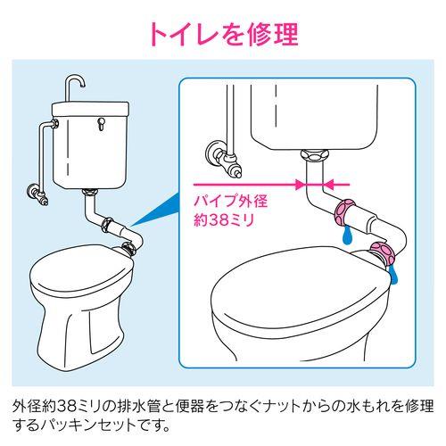 トイレ洗浄管用パッキン 水もれ修理 (排水管 パイプ外径38ミリ用 隅付ロータンク) GA-NE007